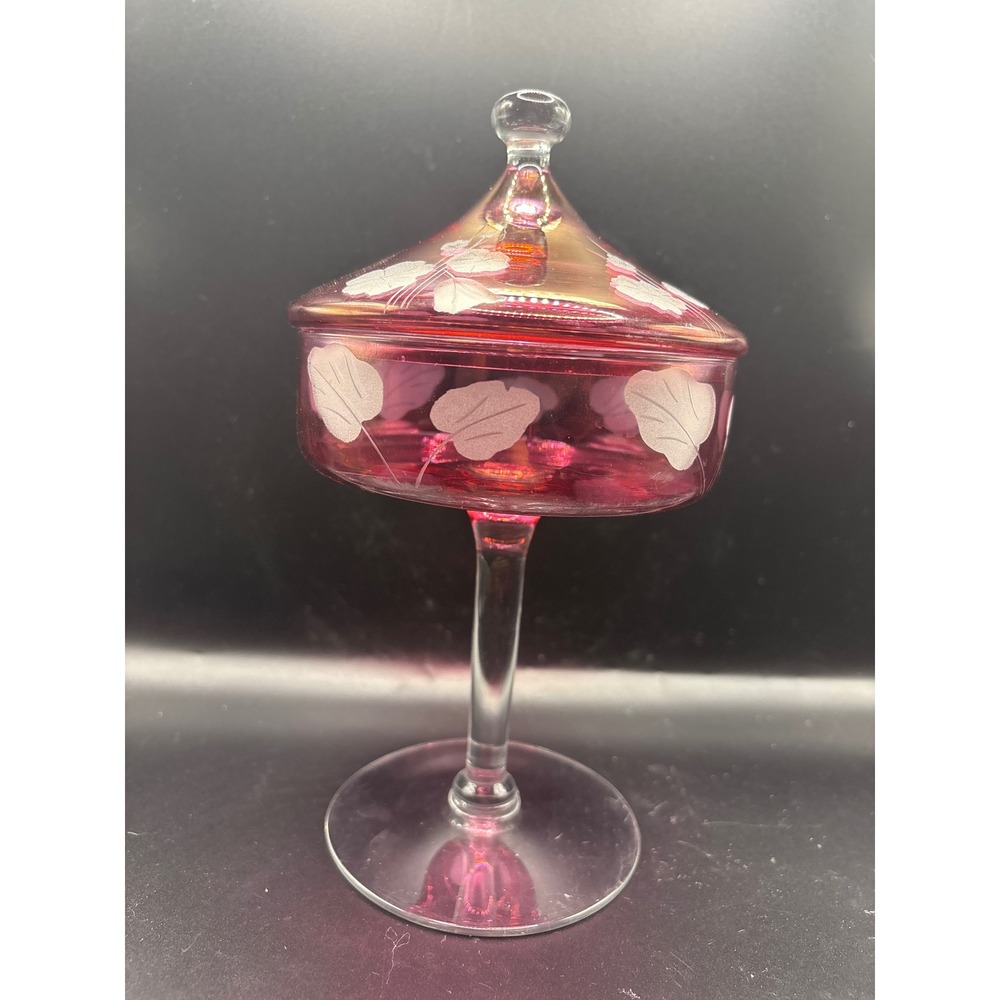 Vintage Cranberry Glass Pedestal Candy Dish Etched Floral Leaf Lidded Compote